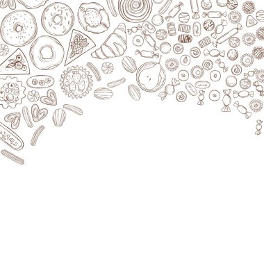 Fırın ürünleri arka planı. Kurabiyeler, kekler, şekerler. Vektör çizimi çizimi.