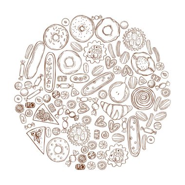 Fırın ürünleri arka planı. Kurabiyeler, kekler, şekerler. Vektör çizimi çizimi.