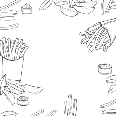 Patatesten tabaklar. Patates kızartması ve patates kızartması. Vektör arkaplanı.