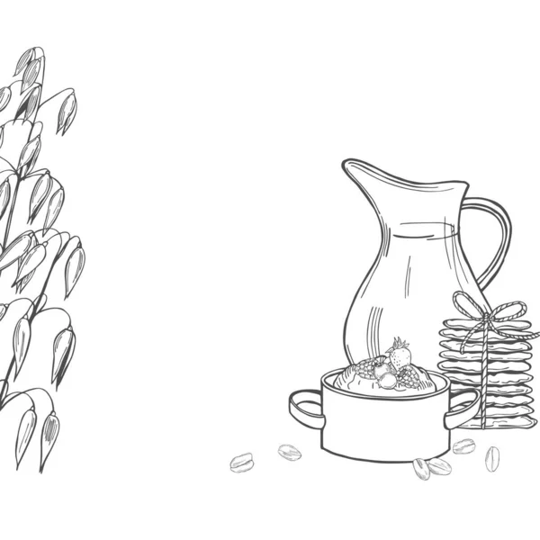 オートミールのお粥とクッキーとベクトル背景 手描きスケッチイラスト — ストックベクタ