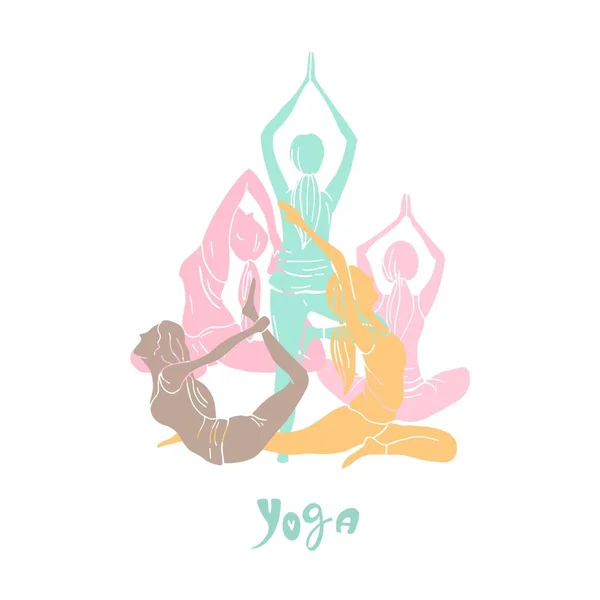 Yoga Filles Dessinées Main Sur Fond Blanc Illustration Croquis Vectoriels — Image vectorielle