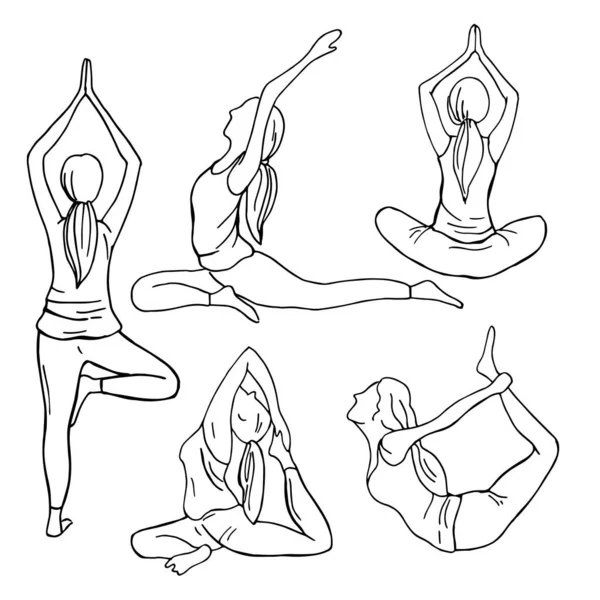 Yoga Handritade Flickor Vit Bakgrund Vektor Skiss Illustration — Stock vektor