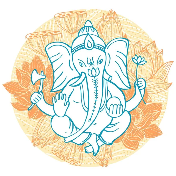 Hand Dras Ganesha Och Lotusar Cirkel Skiss Illustration — Stock vektor