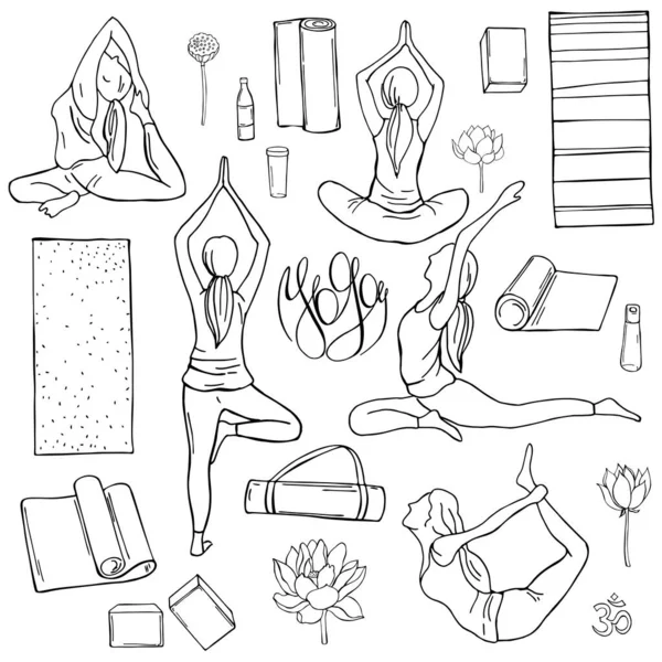 Yoga Set Hand Dragna Flickor Vit Bakgrund Vektor Skiss Illustration — Stock vektor