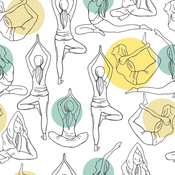 Yoga Handritade Flickor Vit Bakgrund Vektor Sömlöst Mönster — Stock vektor