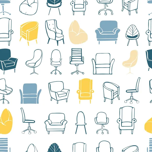Cadeiras Escritório Desenhadas Mão Poltronas Padrão Sem Costura Vetorial — Vetor de Stock