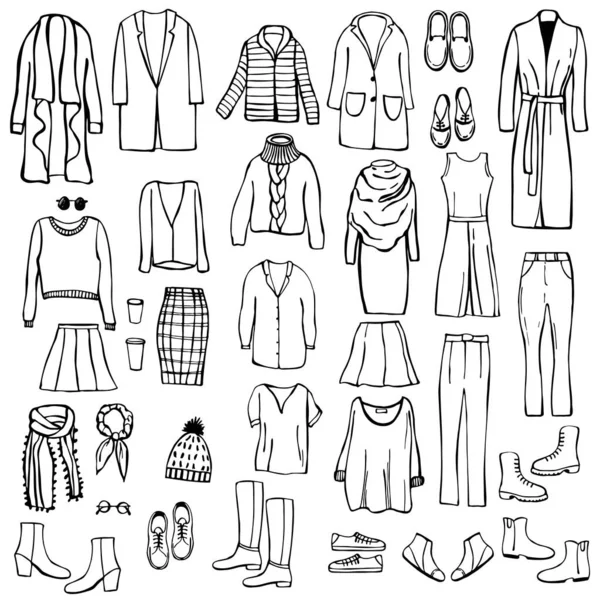 Podzimní Móda Ručně Kreslené Dámské Oblečení Boty Obrázek Vektorového Náčrtku — Stockový vektor