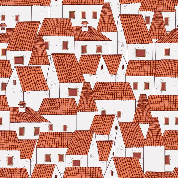 Techos Azulejos Dibujados Mano Casas Patrón Sin Costura Vectorial — Archivo Imágenes Vectoriales