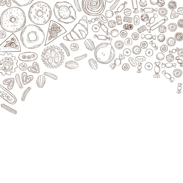 Fırın ürünleri arka planı. Kurabiyeler, kekler, şekerler. Vektör çizimi çizimi.