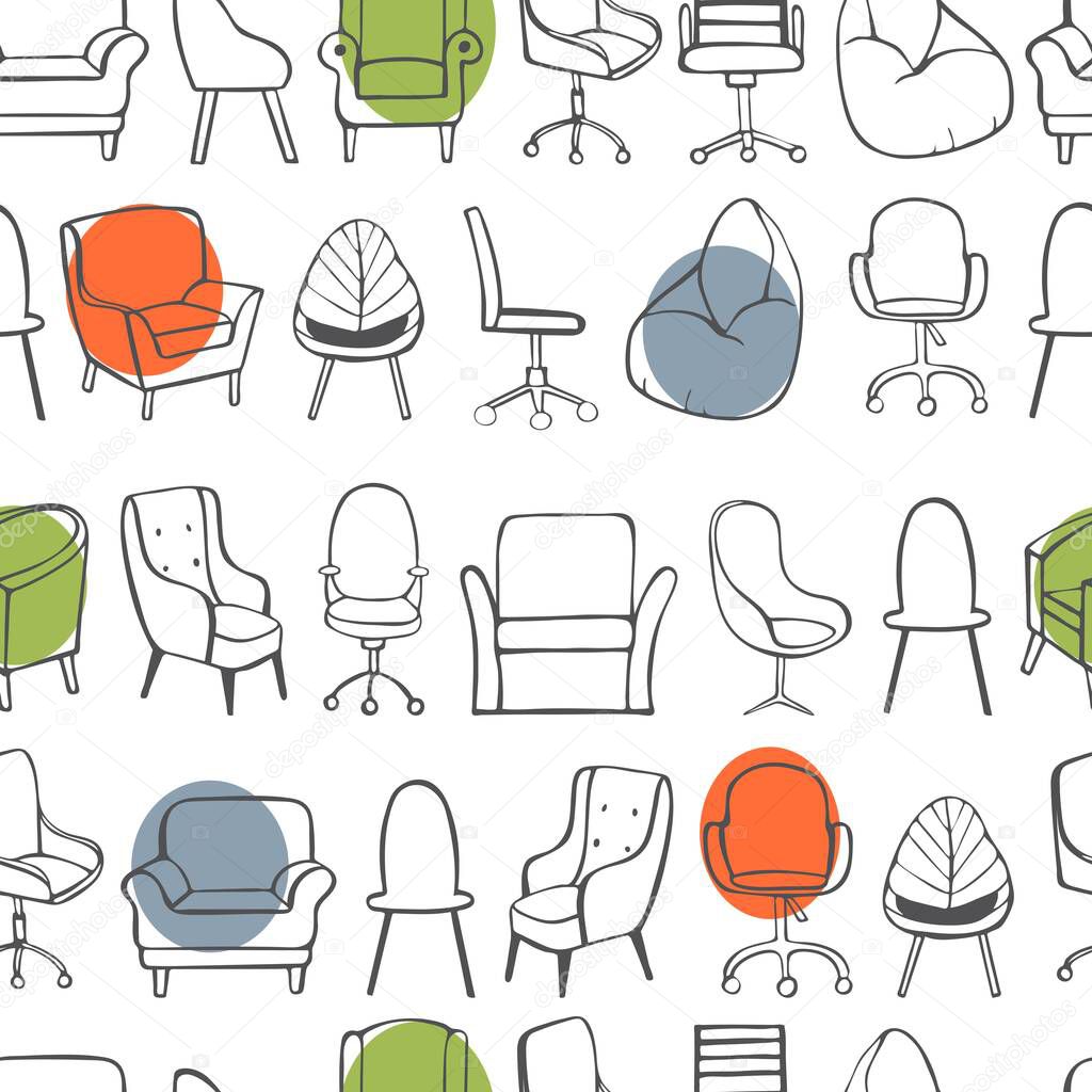Hand drawn office chairs and armchairs. Vector  seamless pattern