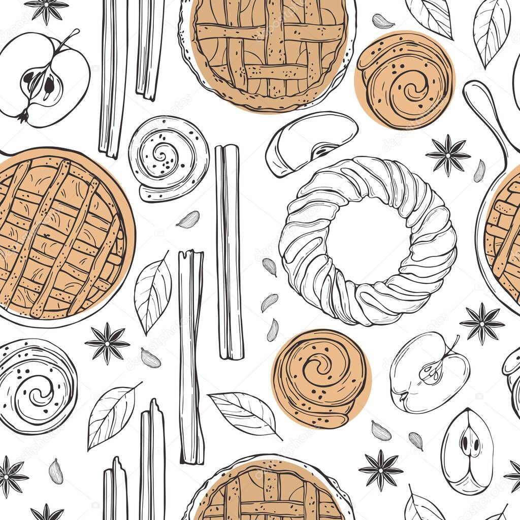 Vector seamless pattern with  apple pie. Sketch  illustration.