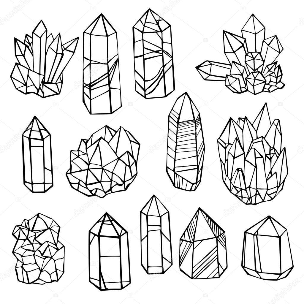 Hand drawn minerals and  crystals. Vector sketch  illustration.