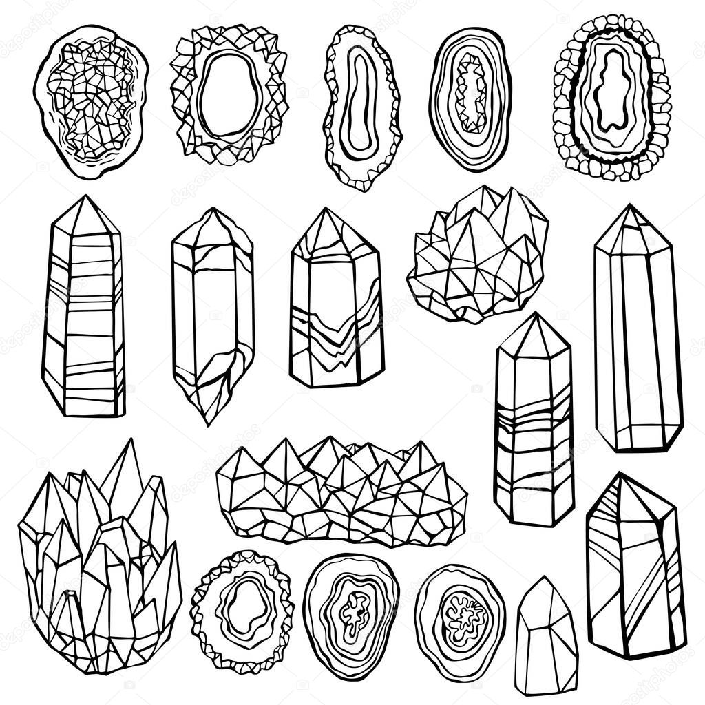 Hand drawn minerals and  crystals. Vector sketch  illustration.
