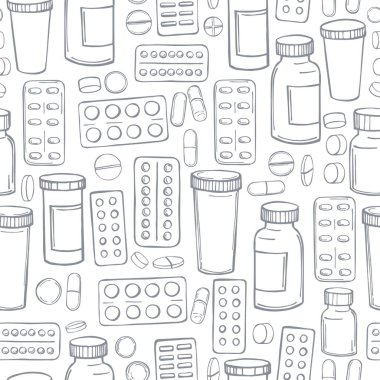 Beyaz arka planda el yapımı haplar ve ilaçlar. Vektörsüz desen.