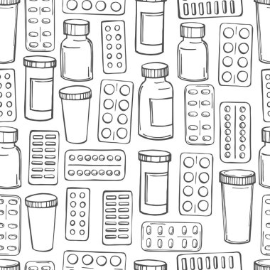 Beyaz arka planda el yapımı haplar ve ilaçlar. Vektörsüz desen.