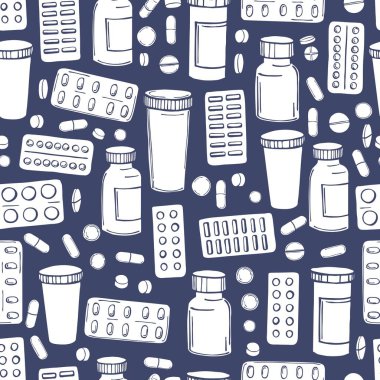 Mavi arka planda el yapımı haplar ve ilaçlar. Vektörsüz desen.