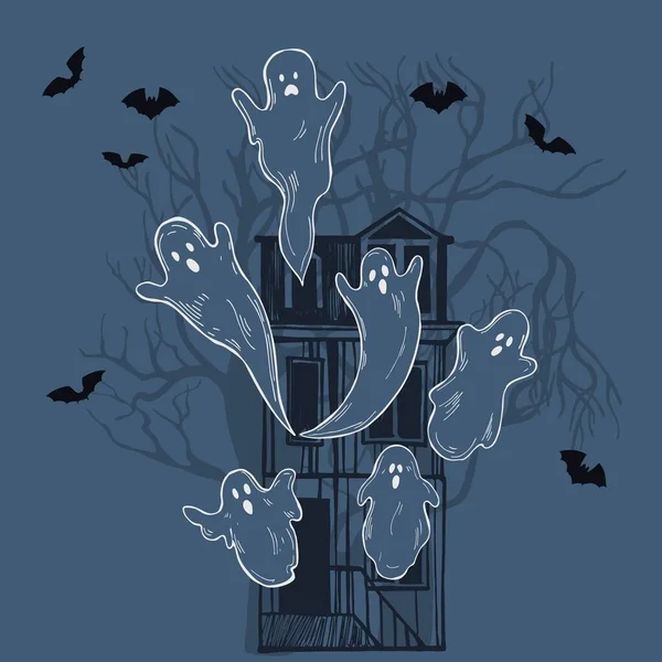 Régi Ház Szellemek Sötét Háttérrel Vektor Halloween Illusztráció — Stock Vector
