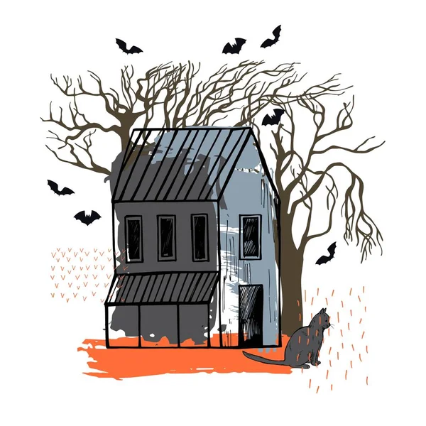 Casa Halloween Desenhada Mão Desenho Vetorial Ilustração — Vetor de Stock