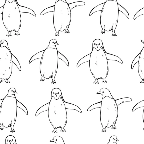 Pinguins Desenhados Mão Padrão Sem Costura Vetorial — Vetor de Stock