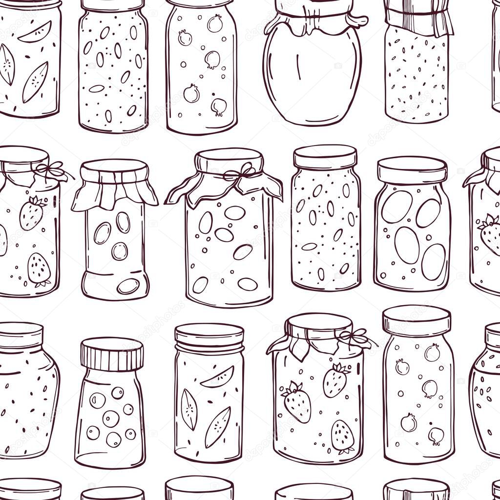 Hand-drawn jam jars on white background. Vector  seamless pattern