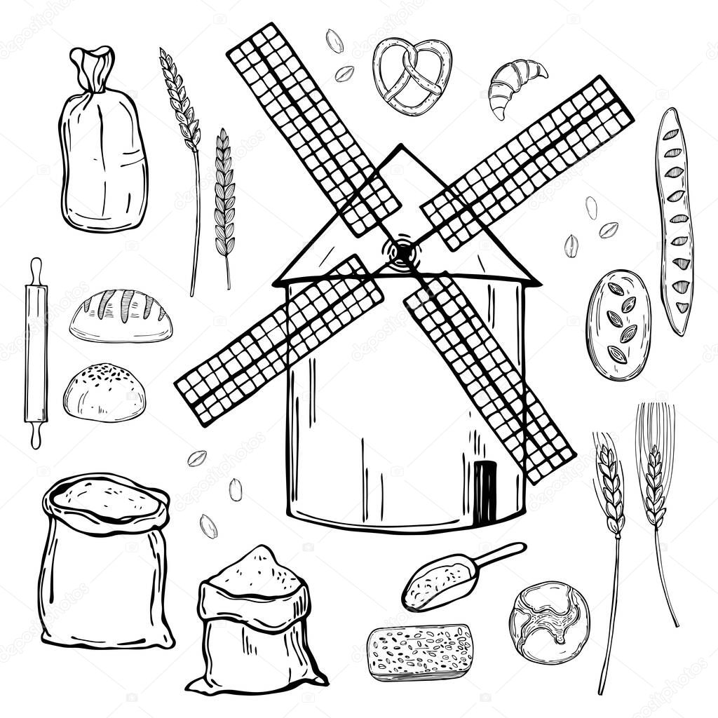 Hand drawn windmills and wheat flour. Vector sketch  illustration.