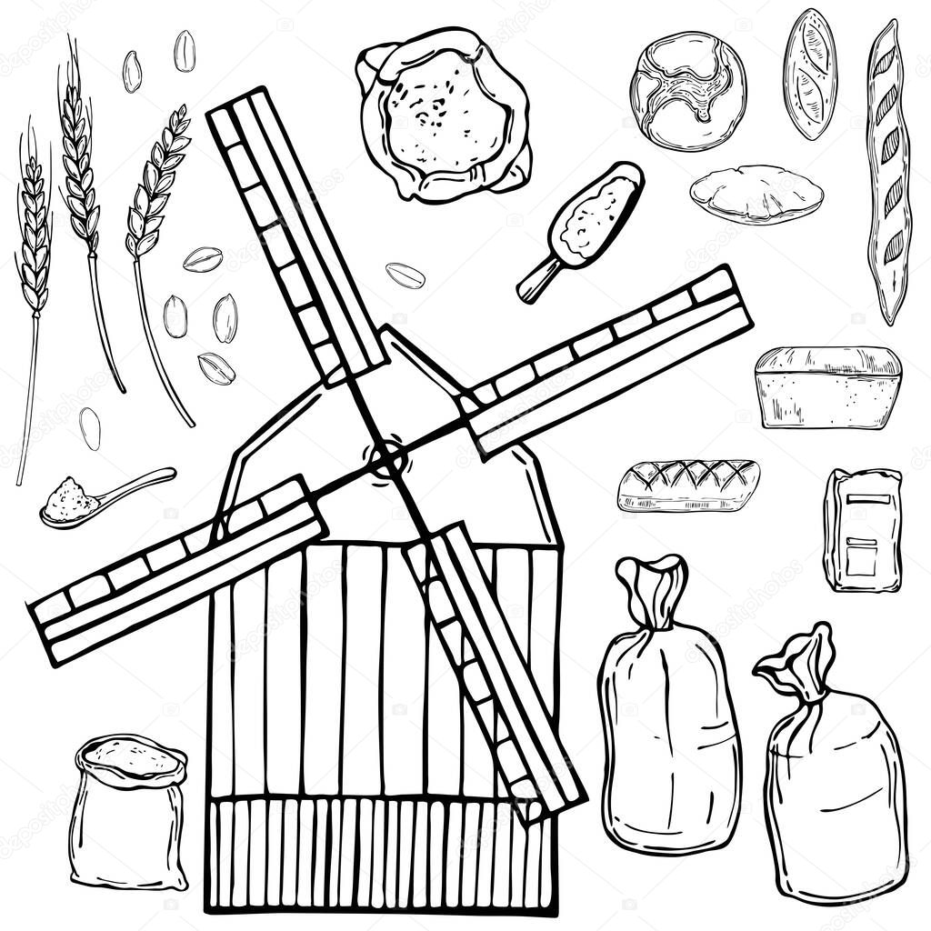 Hand drawn windmill and wheat flour. Vector sketch  illustration.