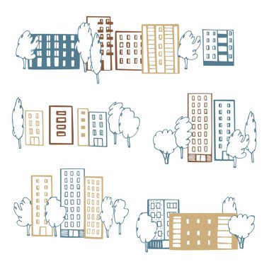 El çizimi evler ve ağaçlar. Vektör çizimi çizimi.