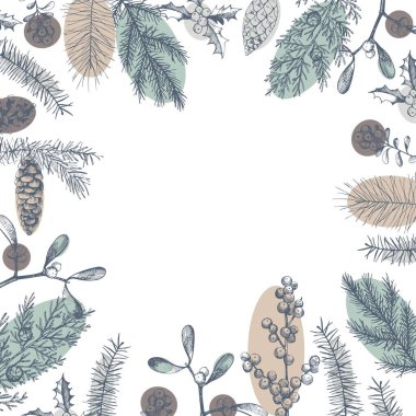 Elle çizilmiş Noel bitkileriyle vektör geçmişi. Çizim çizimi.