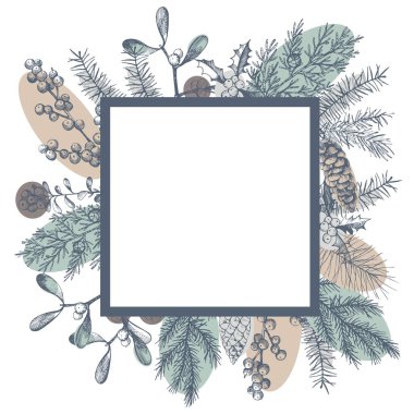 Noel bitkileriyle vektör çerçevesi. Elle çizilmiş ilüzyon.