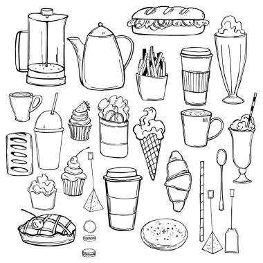 Hand drawn coffee shop food set. Vector sketch illustration.