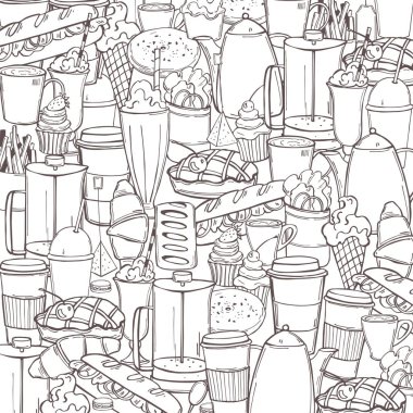 El yapımı kahve dükkanı yemeği. Vektör arkaplanı. Çizim çizimi.