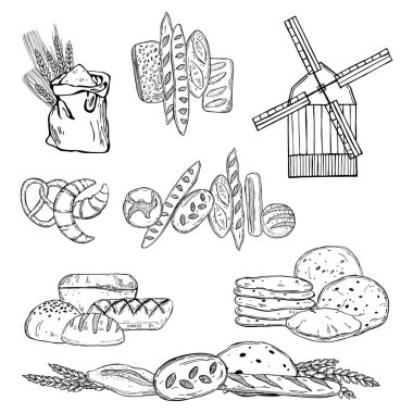 El yapımı yel değirmeni ve ekmek. Vektör çizimi çizimi.