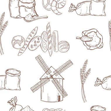 Hand drawn windmill,  wheat flour and bread. Vector seamless pattern   clipart
