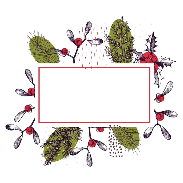 Moldura Vetorial Com Plantas Natal Ilustração Desenhada Mão —  Vetores de Stock