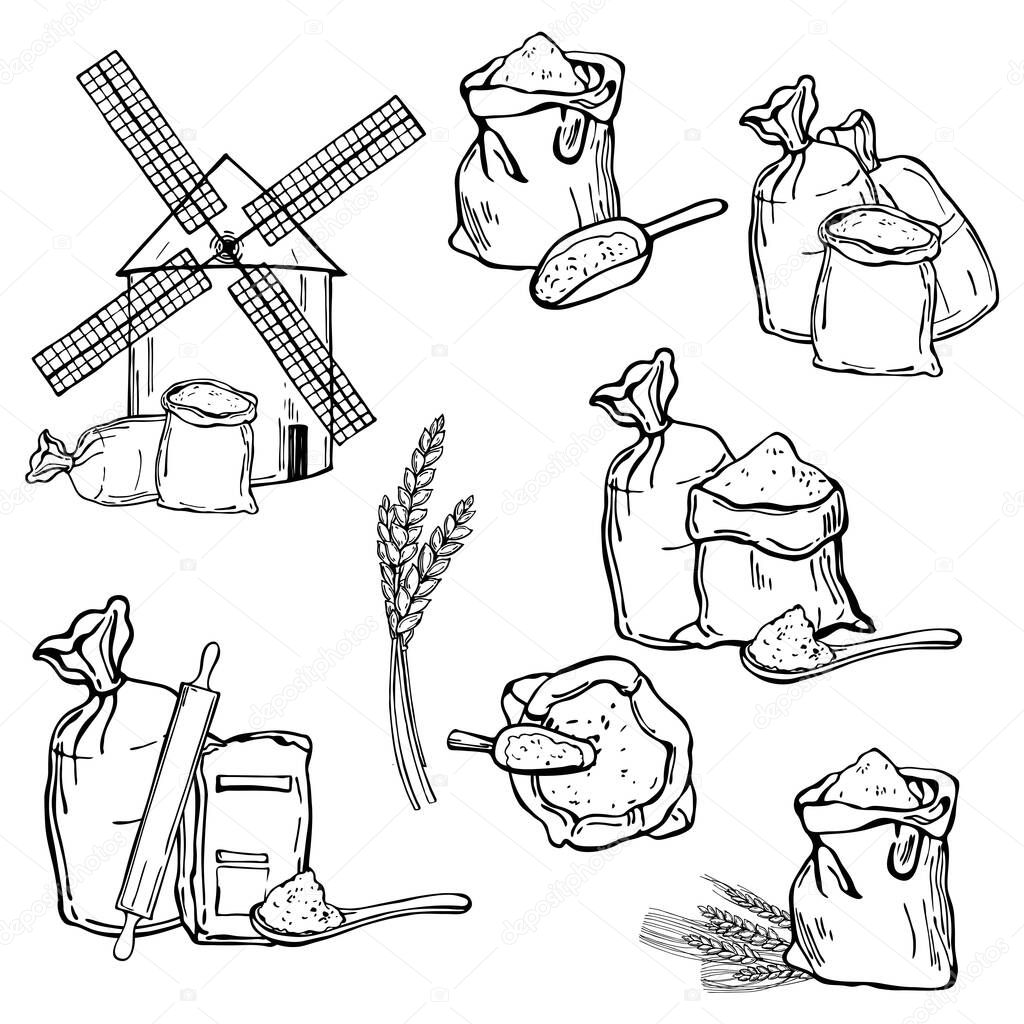 Hand drawn windmill and wheat flour. Vector sketch  illustration.