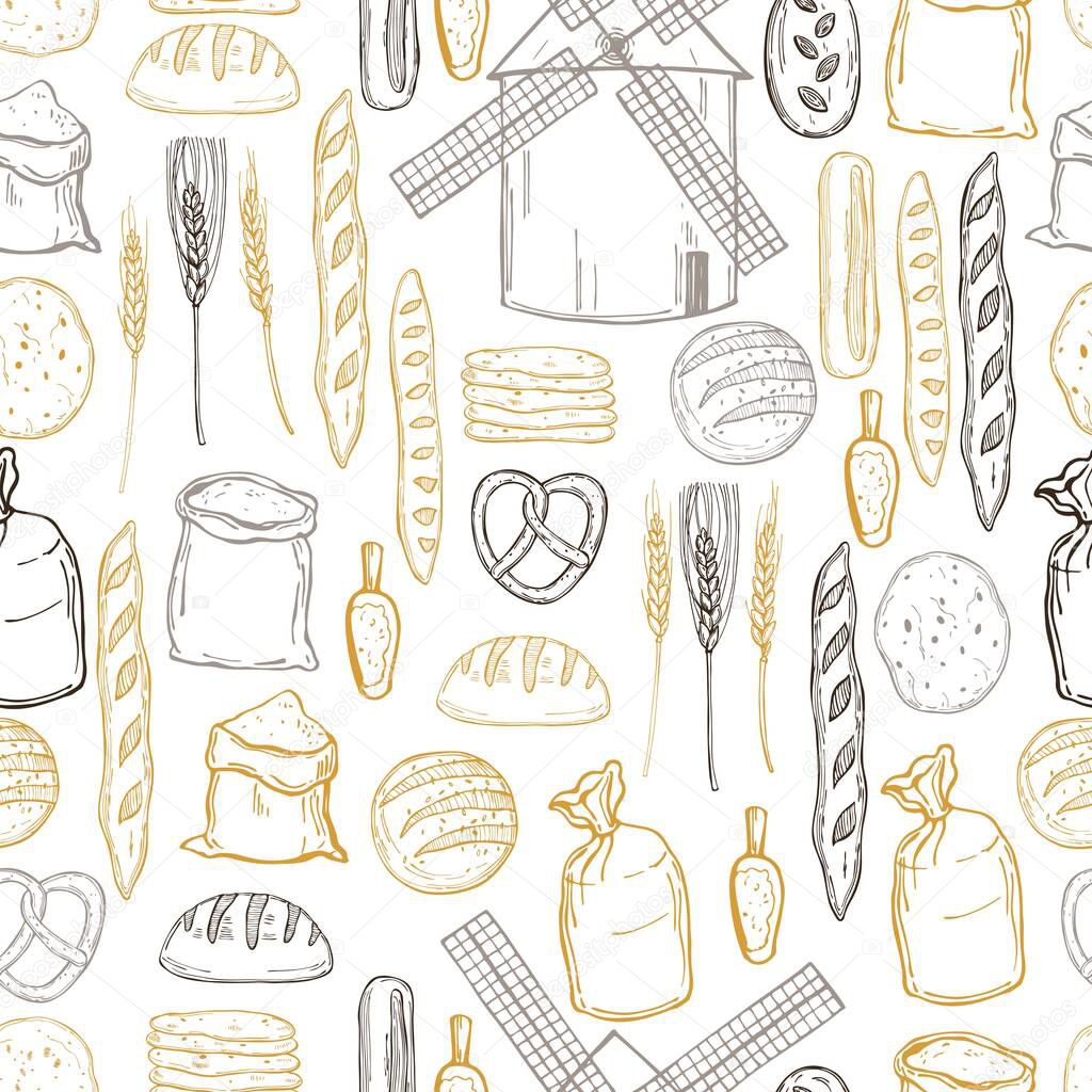Hand drawn windmill,  wheat flour and bread. Vector seamless pattern  