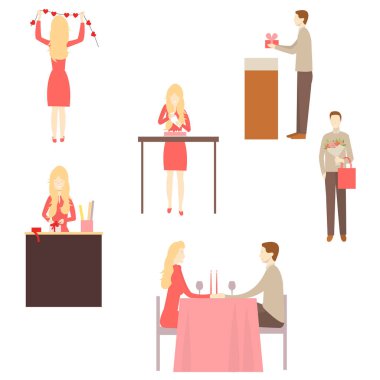 Erkek ve kadın Sevgililer Günü için hazırlanıyor. Bir kadın kek pişirir, içini dekore eder. Bir adam hediye ve çiçek alır. Vektör illüstrasyonu.