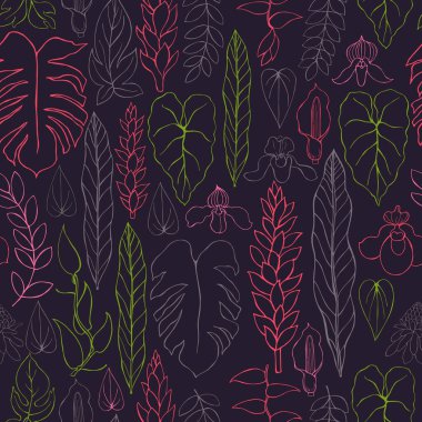 El yapımı tropikal bitkiler. Yapraklar ve çiçekler. Kusursuz bir desen.