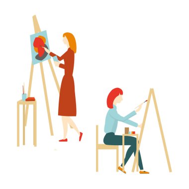 Kadınlar sehpada resim yapıyor. Sanat okulu, yaratıcılık ve insan konsepti. Vektör illüstrasyonu