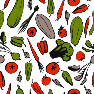 Beyaz arka planda elle çizilmiş sebzeler. Vektörsüz desen