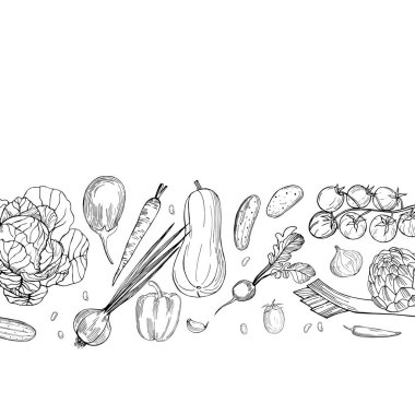 Elle çizilmiş sebzeli vektör arkaplan. Çizim çizimi.  