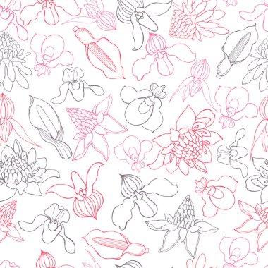El çizimi tropik çiçekler. Vektörsüz desen .