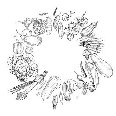 Elle çizilmiş sebzeli vektör arkaplan. Çizim çizimi.  