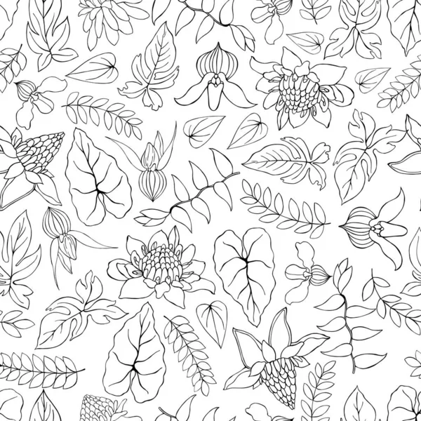 Ručně Kreslené Tropické Rostliny Listy Květiny Vektorové Bezešvé Vzory — Stockový vektor