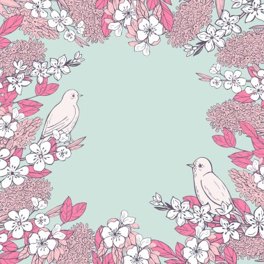 El çizimi kuşlar ve çiçeklerle bahar arkaplanı. Vektör çizimi.