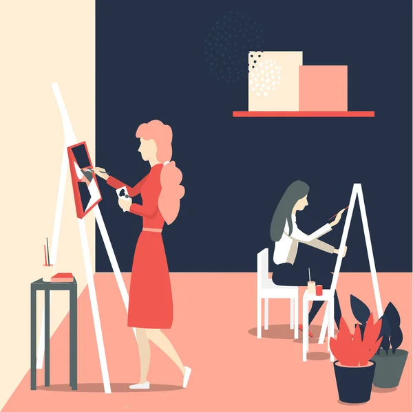 Kobiety Malują Sztalugach Szkoła Artystyczna Kreatywność Koncepcja Ludzi Ilustracja Wektora — Wektor stockowy