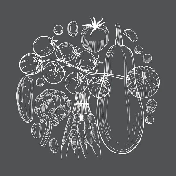Ручной Рисунок Овощей Круге Темном Фоне Векторная Иллюстрация — стоковый вектор