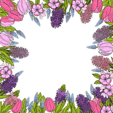 El çizimi çiçeklerle bahar arkaplanı. Laleler ve sümbüller. Vektör çizimi çizimi.