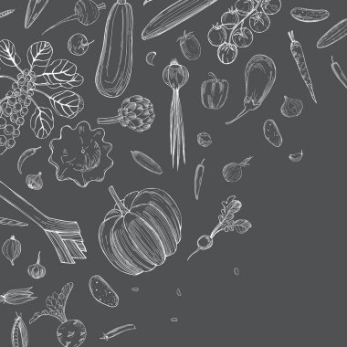 Elle çizilmiş sebzeli vektör arkaplan. Çizim çizimi.  