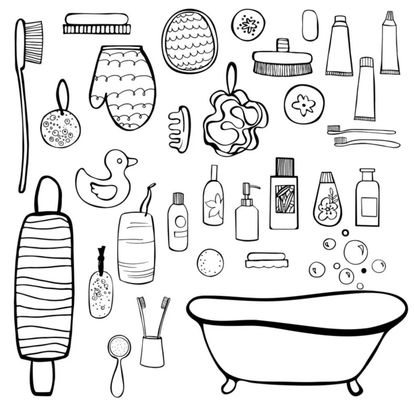 Ensemble Bain Articles Toilette Illustration Croquis Vectoriels — Image vectorielle